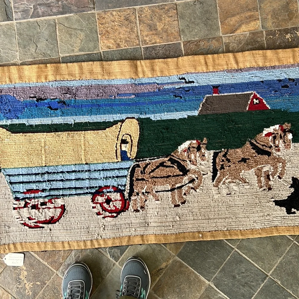 Amish Handmade Rug with Covered Wagon 1980’s